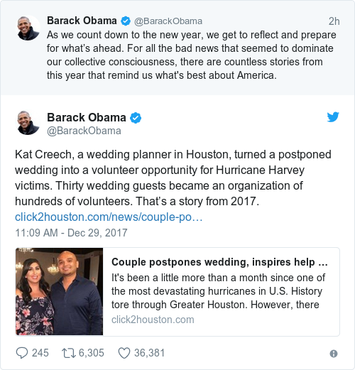 barack obama ends 2017 with a series of good news tweets