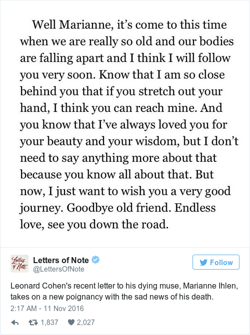 leonard cohens recent letter to his ex girlfriend before she died death letter