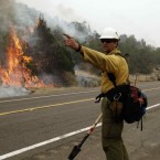 A firefighter directs his crew during a backburn operation to fight the Wallow Fire in Nutrioso, Arizona. (AP Photo/Marcio Jose Sanchez)