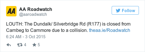 Tweet by @AA Roadwatch