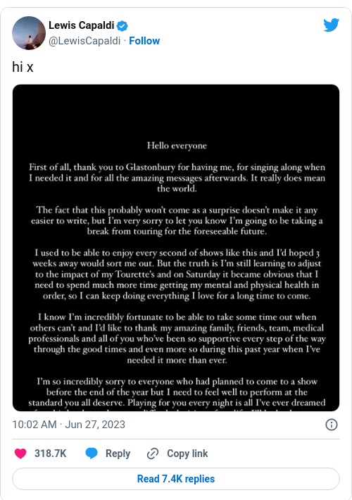 Tweet by @Lewis Capaldi